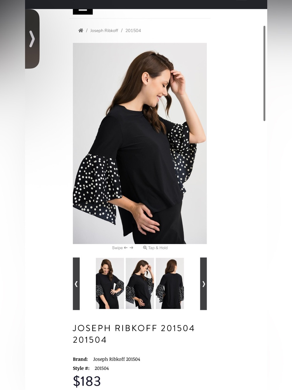 Joseph Ribkoff Black Top with White Polka Dot Bell Sleeves